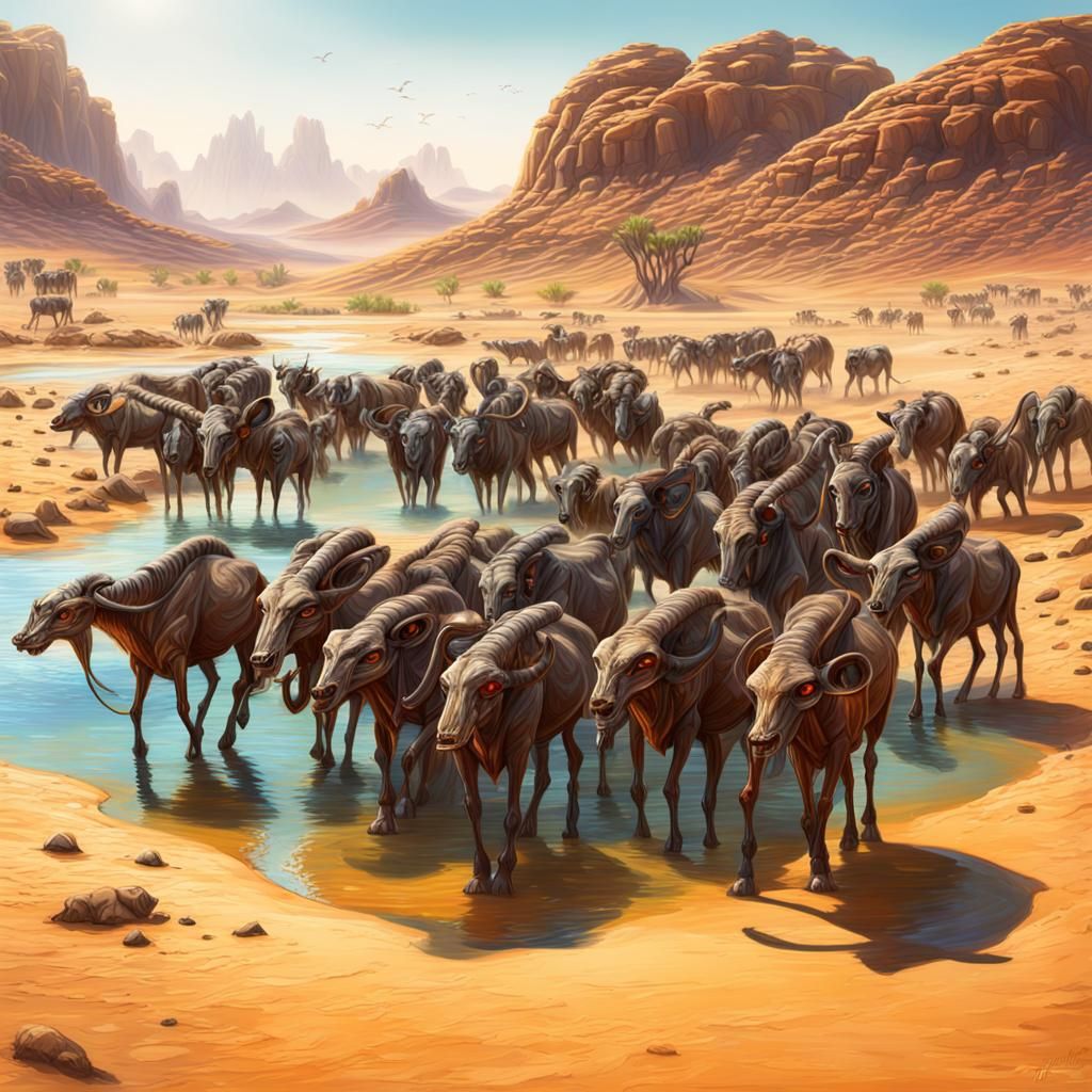 Alien Nomadic Herd at Desert Waterhole: Hyperrealistic Art