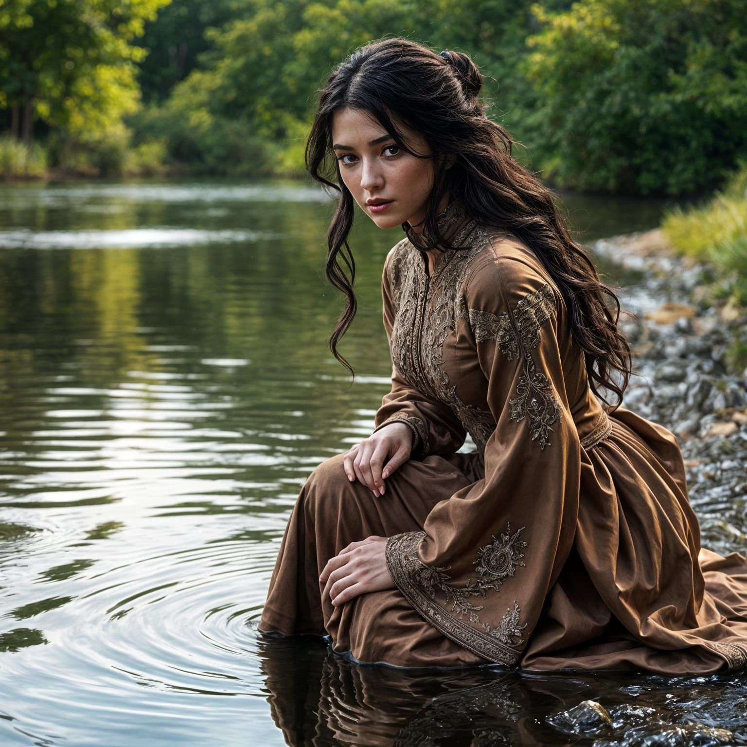 Ethereal Woman Reflected in River's Mirror Image