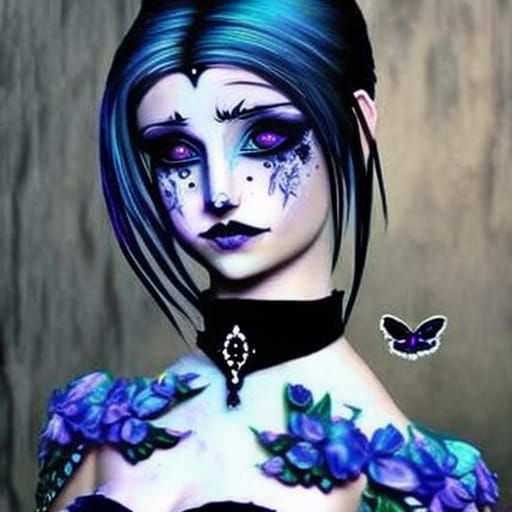 Ethereal gothic young lady with indigo hair and indigo eyeshadow and Black eyeliner and Black lipstick