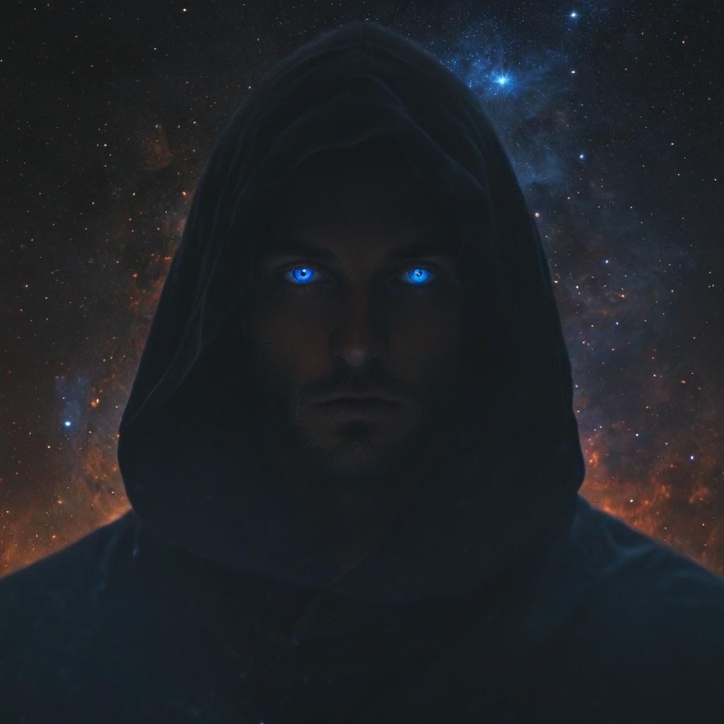 Nebula Cloaked Figure with Piercing Eyes