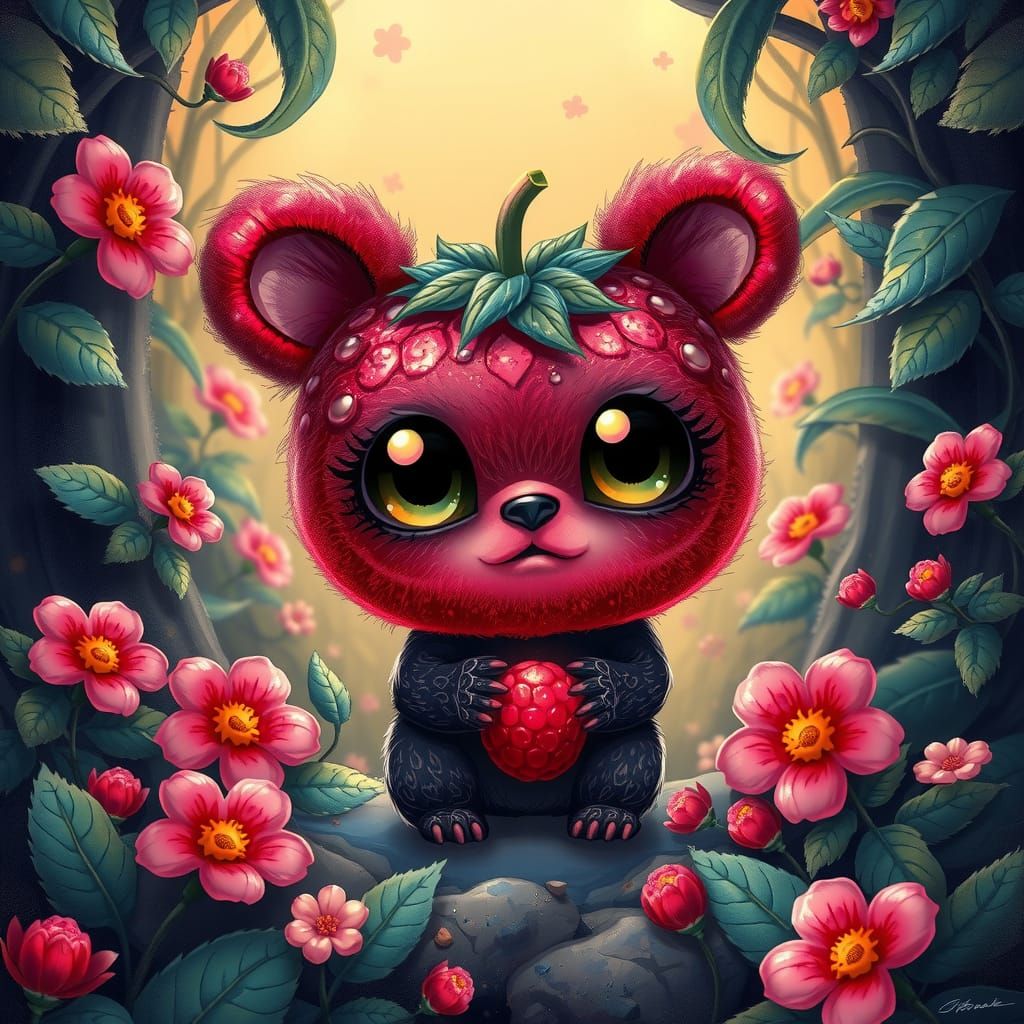 Chibi Raspberry-Bear Hybrid in Whimsical Forest