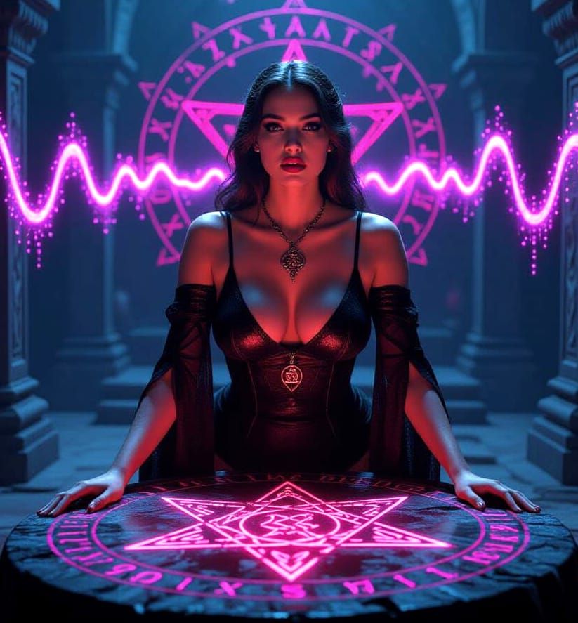 Witch Performing Dark Ritual with Occult Symbols