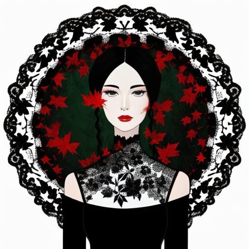 Woman in Black Velvet with Red Lace and Leaves