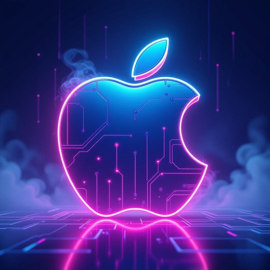 Futuristic Apple Logo with Neon Circuits in Cyberpunk Style