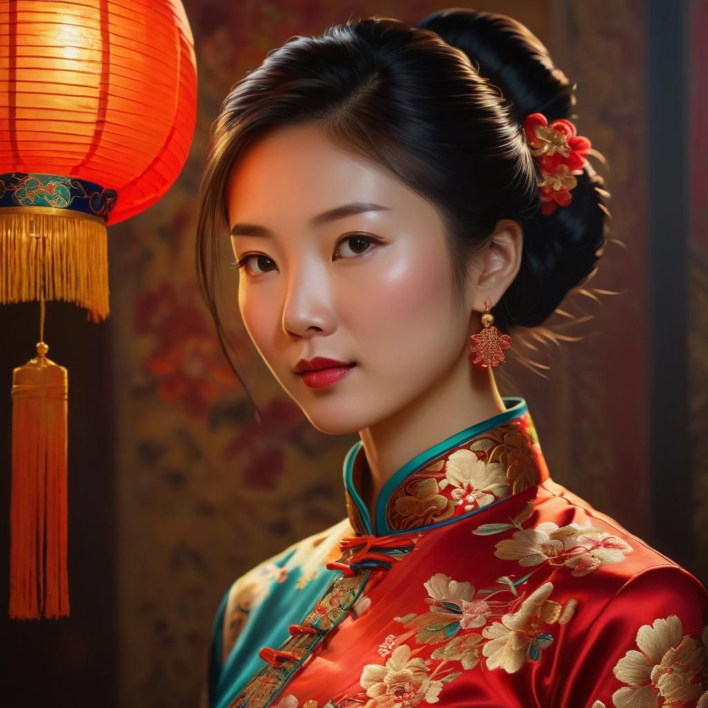 Woman in Cheongsam Oil Painting with Golden Light