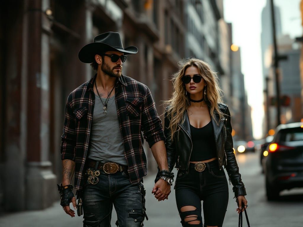 Edgy Couple Strolls Through Urban Downtown