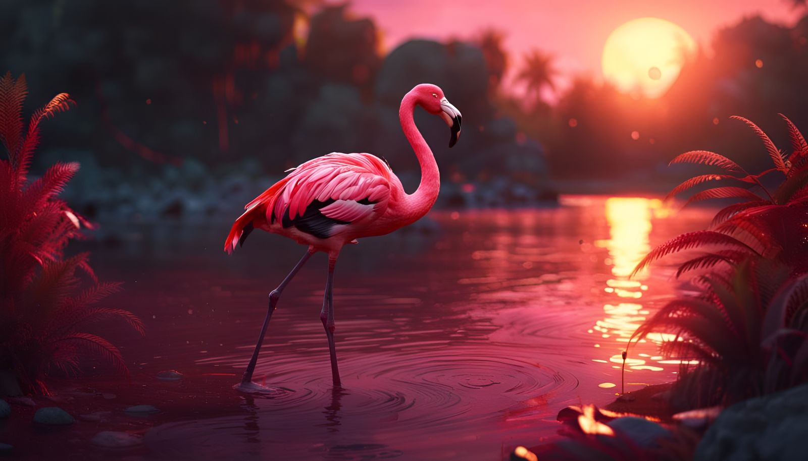 Pink Flamingo Sunset: Detailed Matte Painting