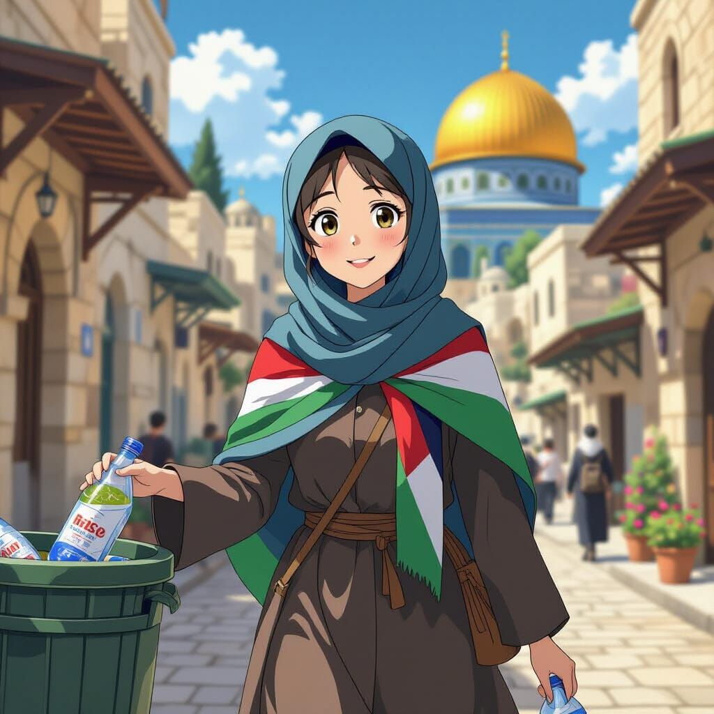 Palestinian Woman Cleans Up Jerusalem Street in Anime Style