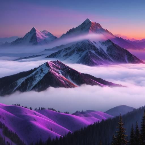 Hyperrealistic Purple Mountains in Misty Landscape