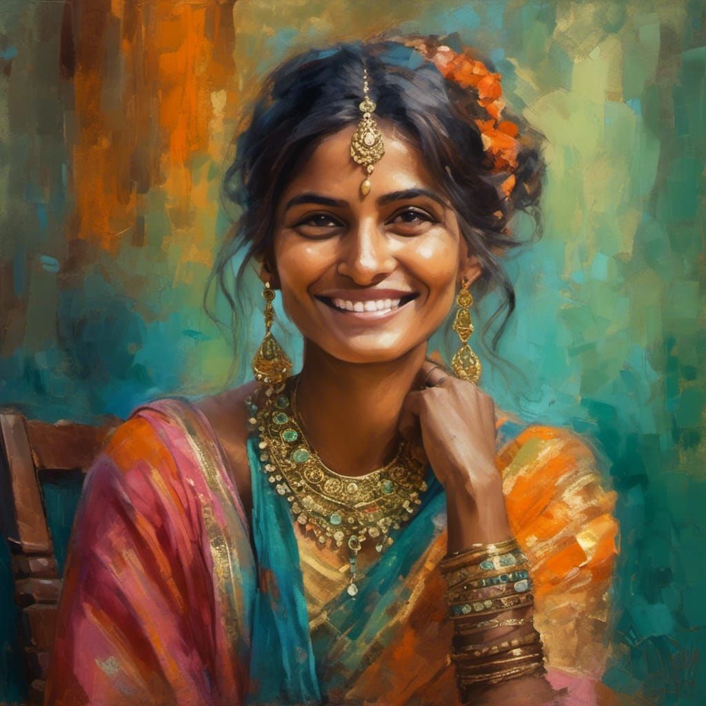 Vibrant Oil Portrait of Indian Model in Sunlight