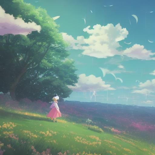 Girl Flies Paper Crane in Ghibli Anime Style