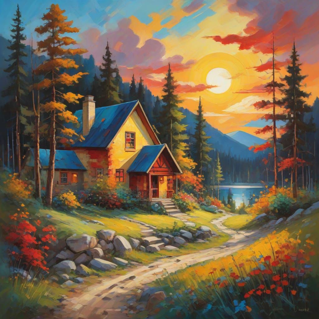 Vibrant Sunset Mountainscape in Dynamic Brushstrokes