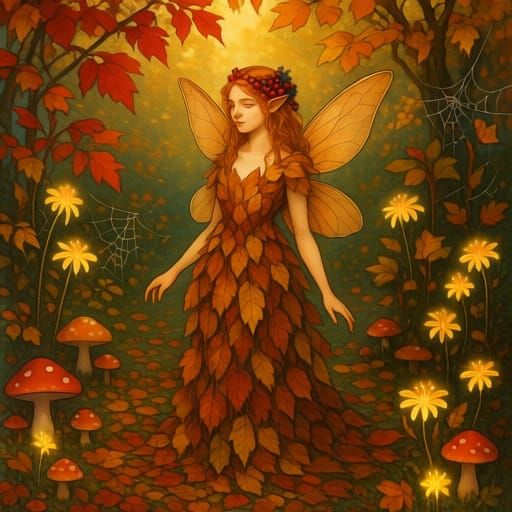 Enchanting Autumn Fairy Garden With Glowing Flowers