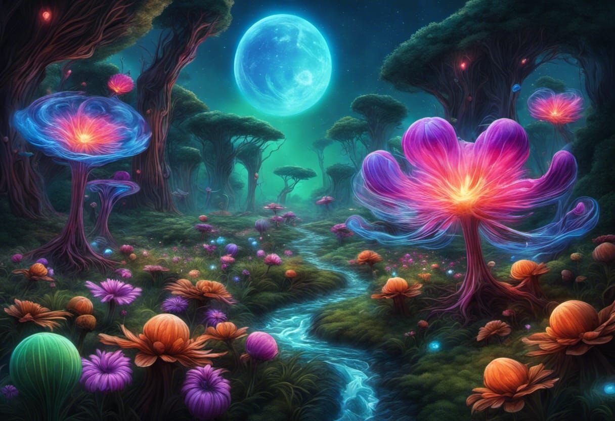 Surreal Fantasy Landscape with Glowing Flowers
