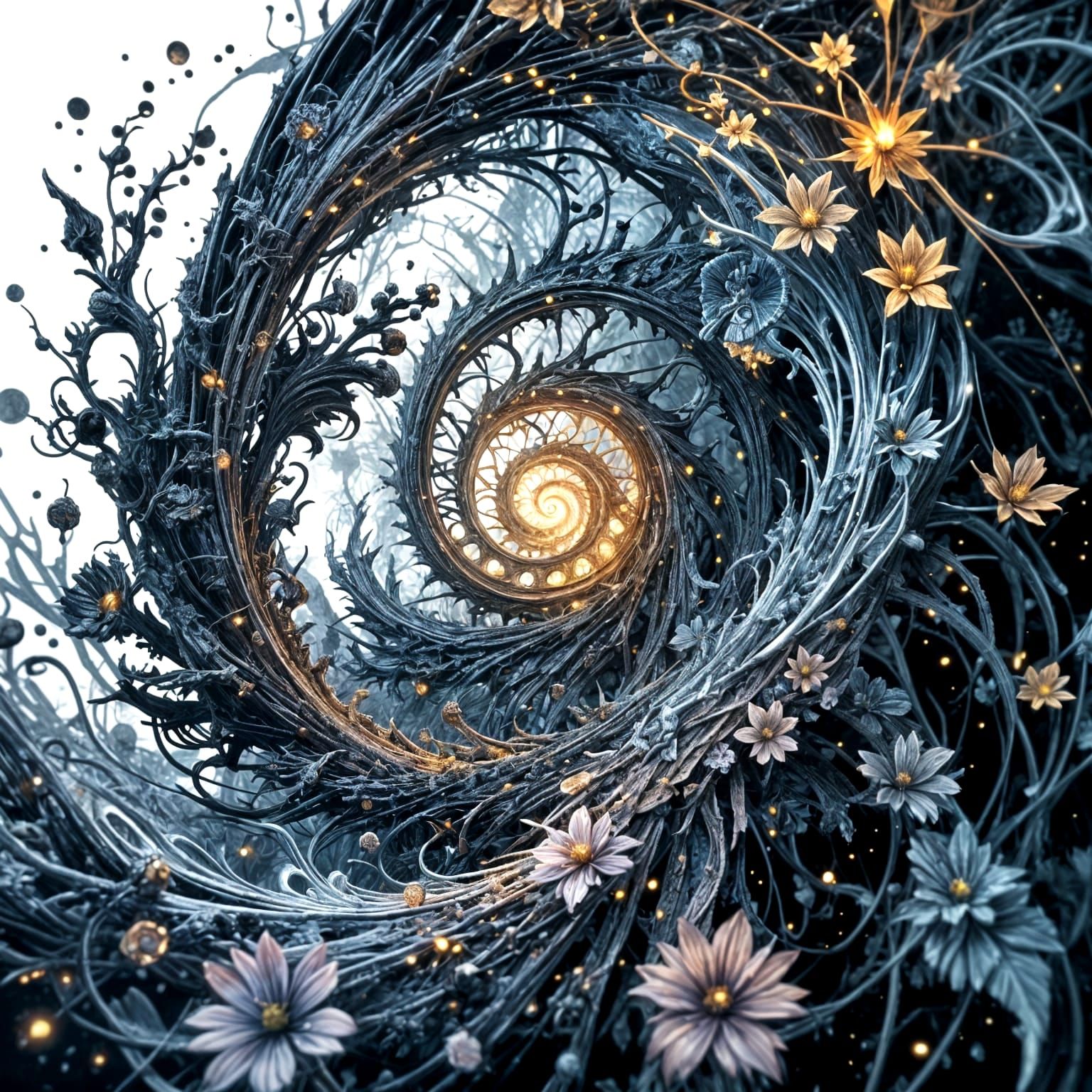 Hyperrealistic Spiral Composition in Dark, Moody Atmosphere