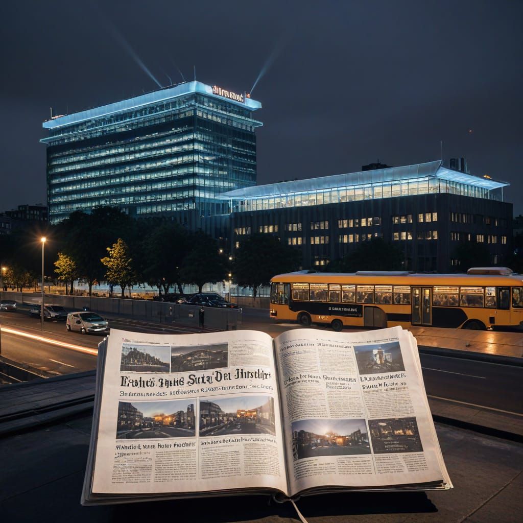 Man Reading Newspaper on Rooftop Above Glowing Buses