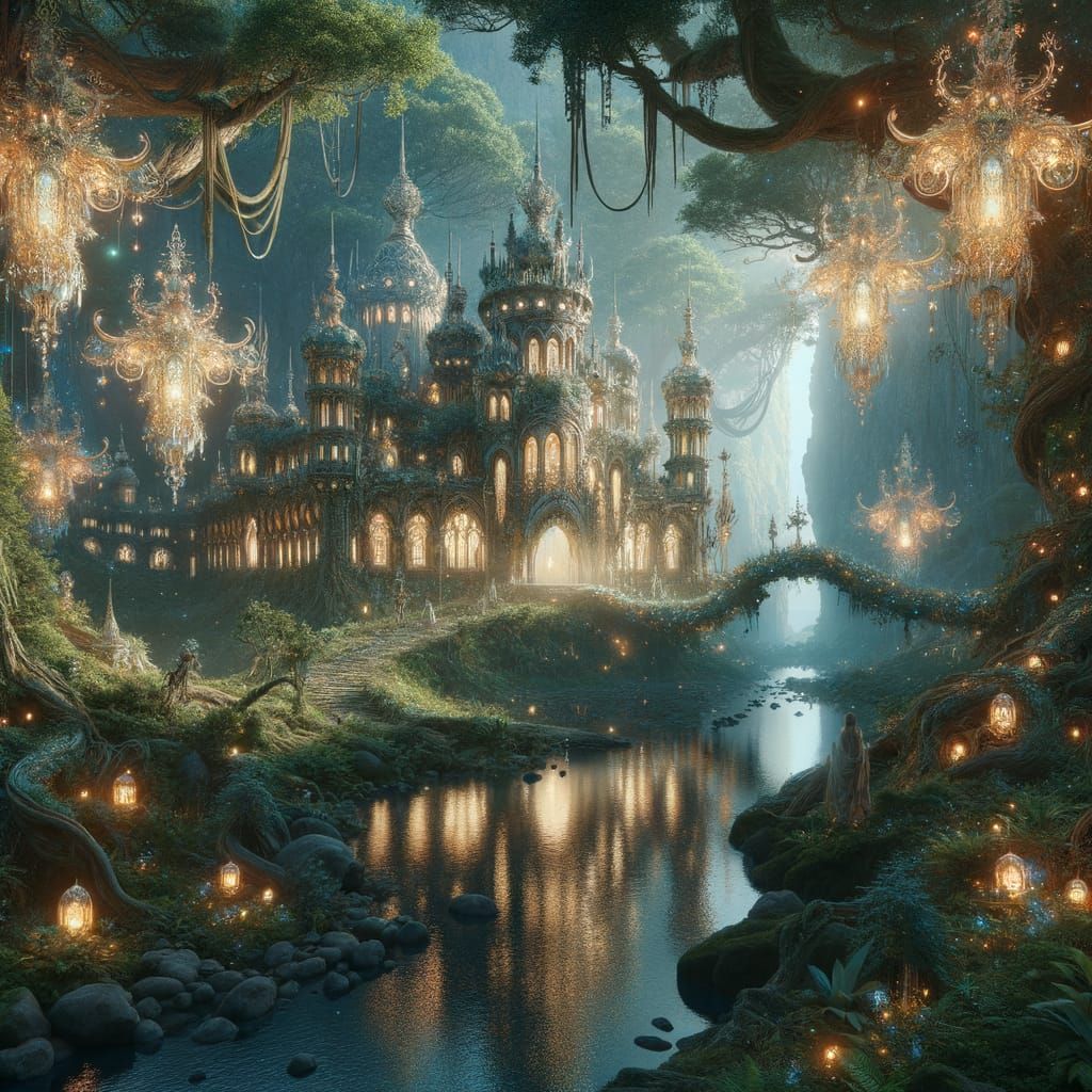 Elven Kingdom in Mystical Forest, Fantasy Art