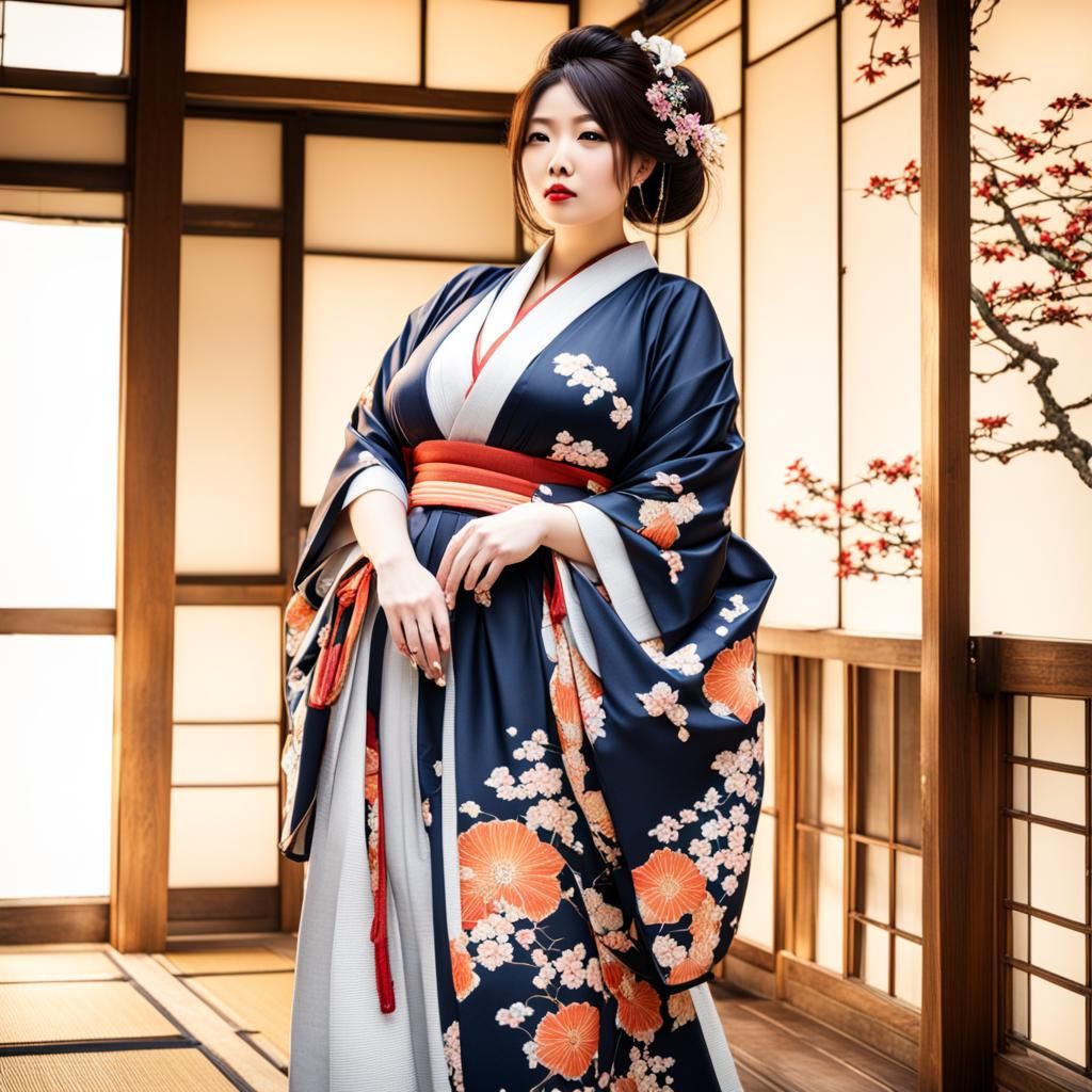 Curvy Woman in Traditional Japanese Kimono
