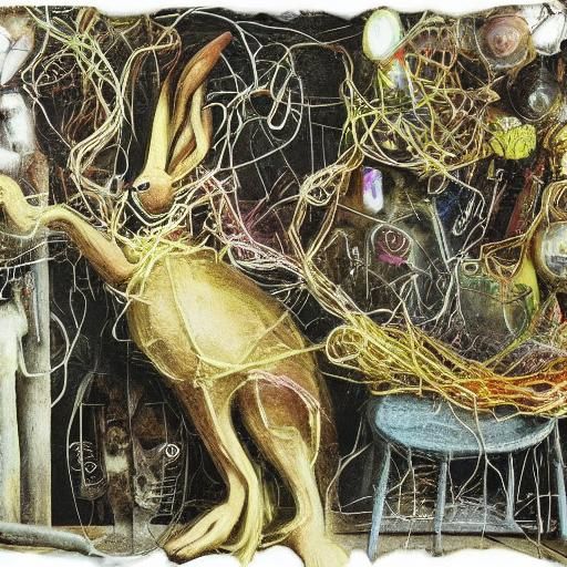 Surreal Mad Rabbit Assemblage in Mixed Media