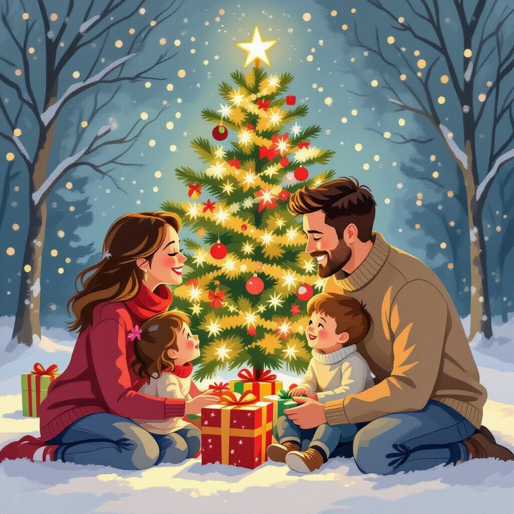 Family Christmas Tree Gathering in Storybook Style