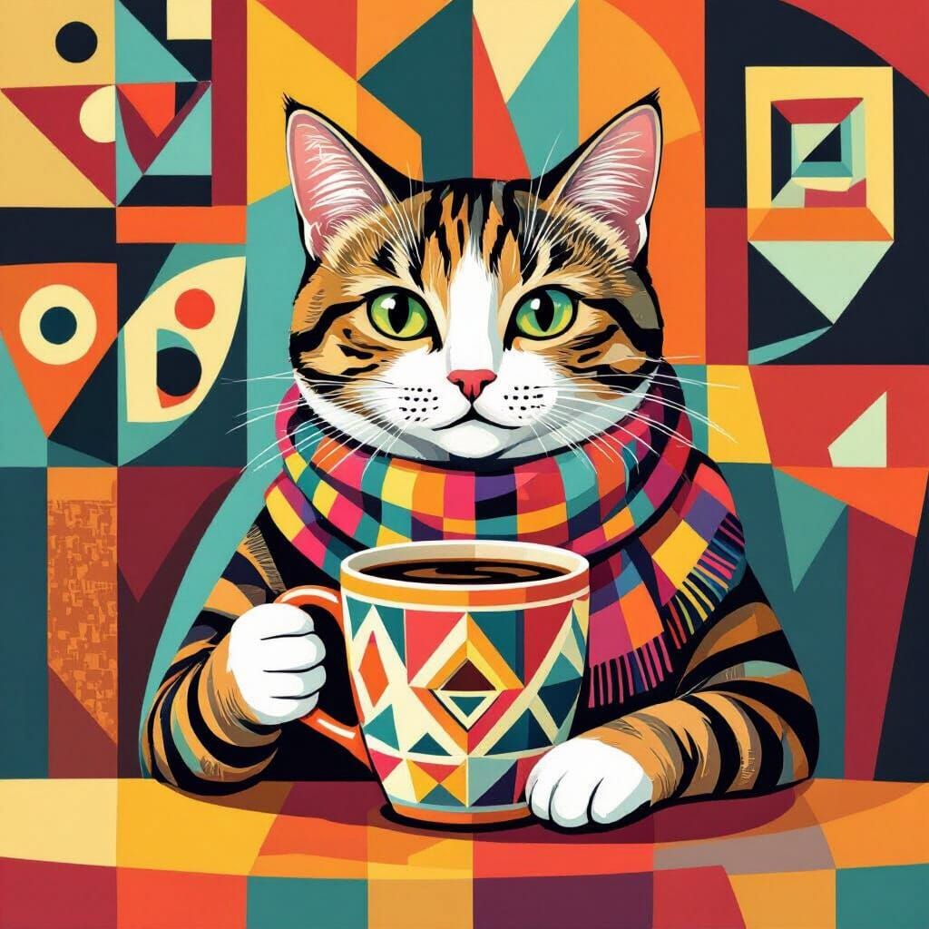 Geometric Cat Sipping Coffee in Optical Illusion Cafe