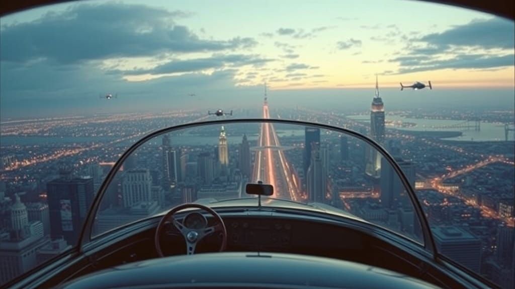 Mid Century Flying Car Interior Reveals Futuristic Cityscape