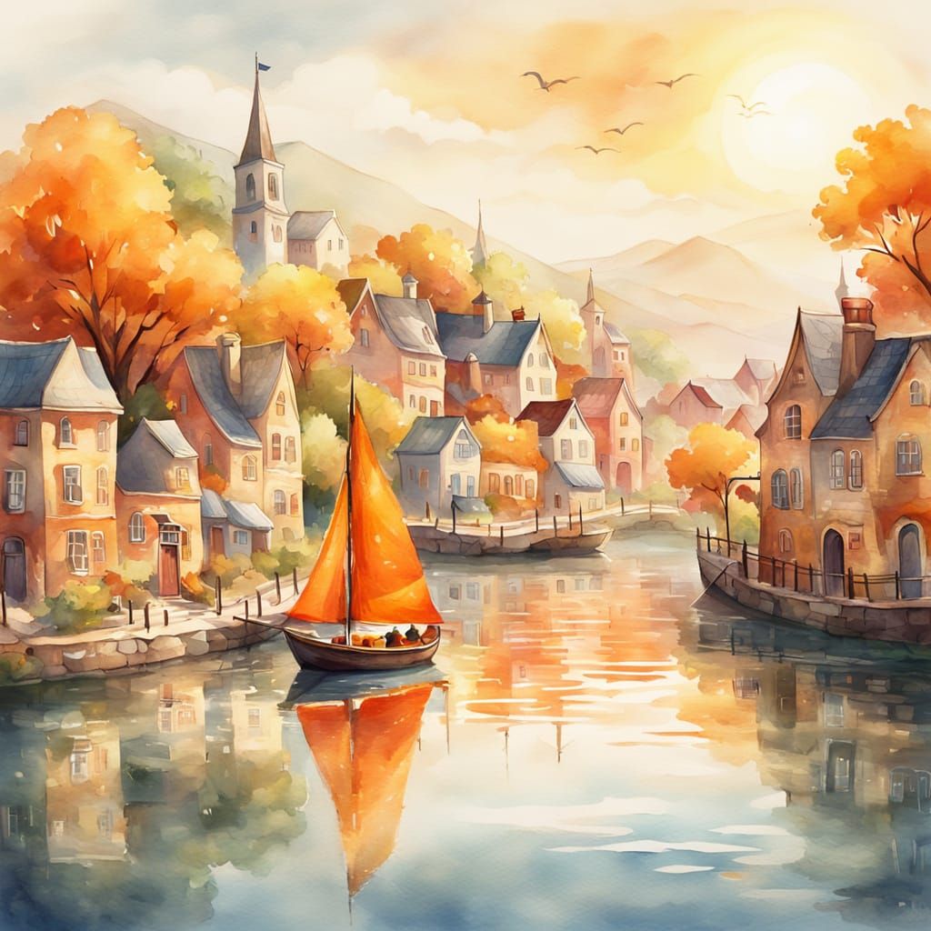 Whimsical Boat Sails Down River in Watercolor Style