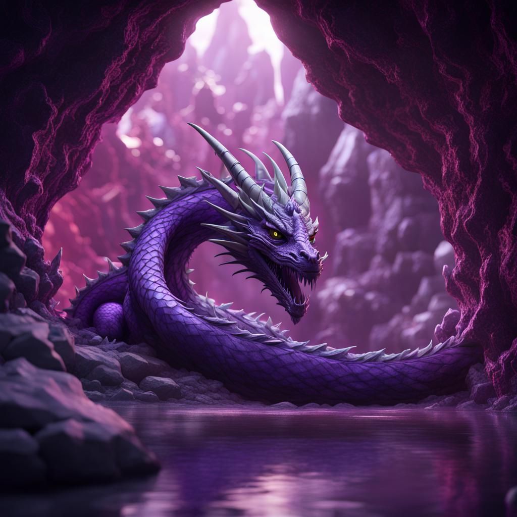 Purple Dragon in Crystal Cave Fantasy Art