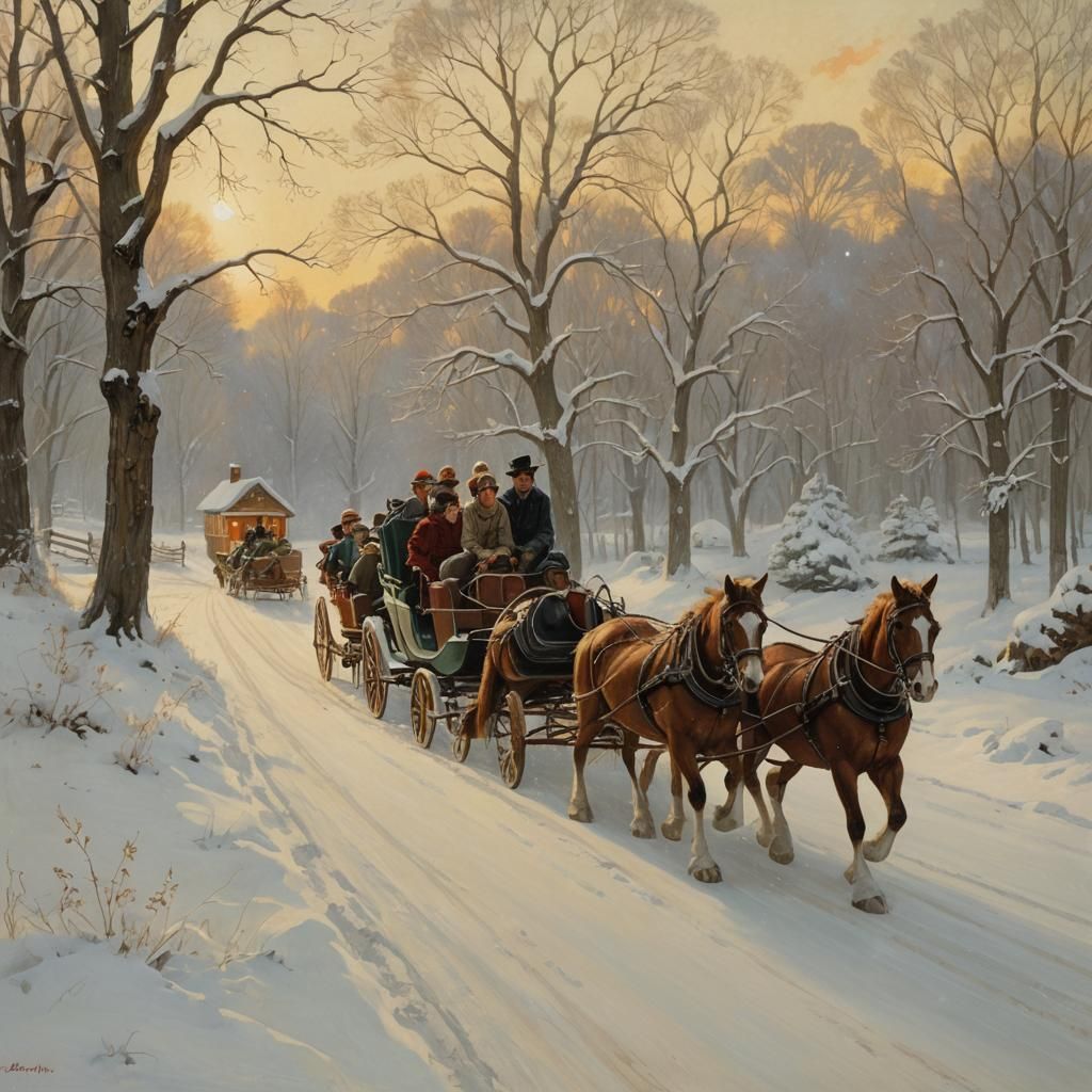 Horse-Drawn Sleigh Ride in Snowy Americana Style