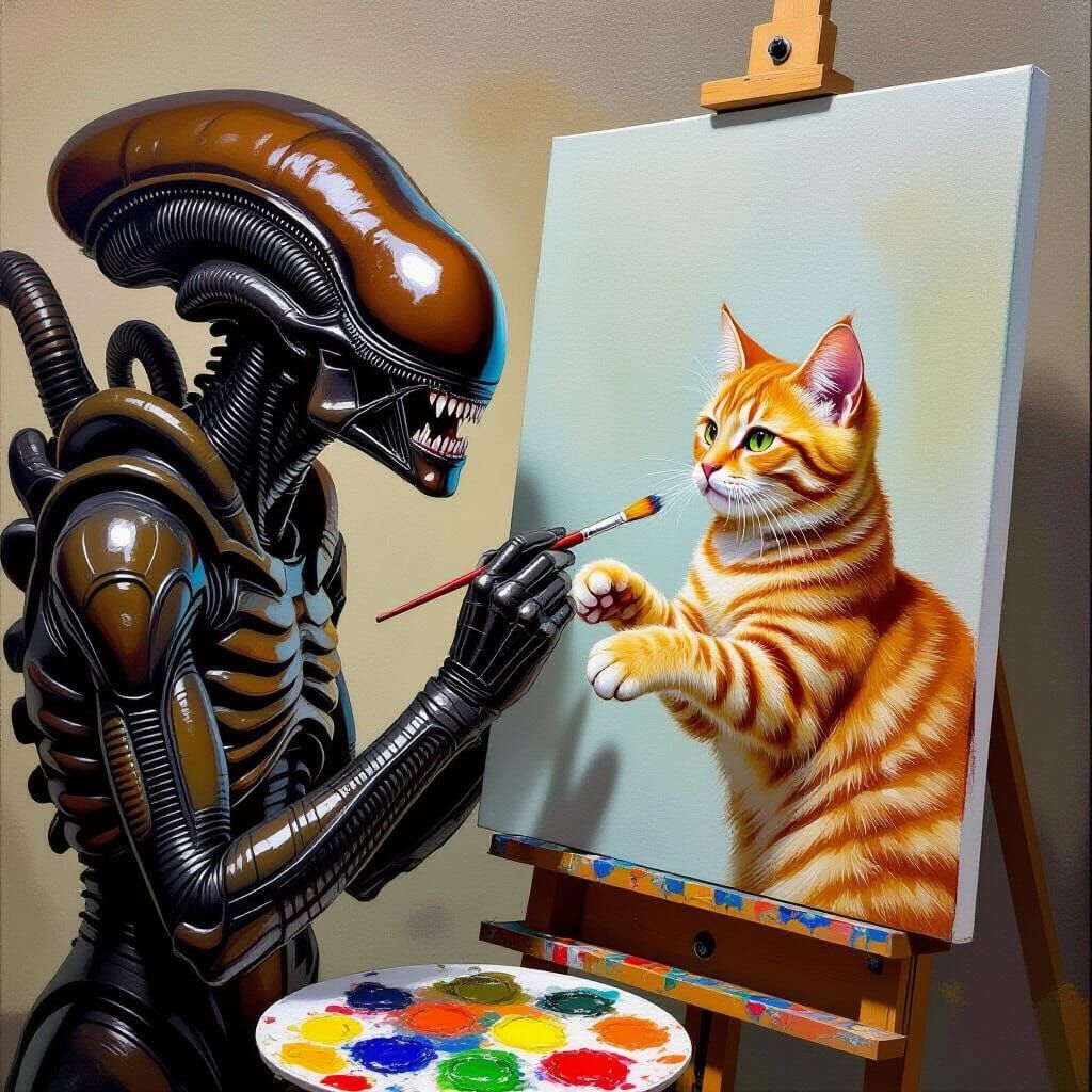 Xenomorph Paints Orange Cat Oil Painting