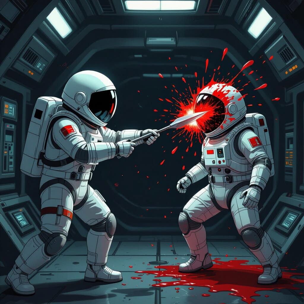 Among Us Character Impaling Another in Dark Space Station