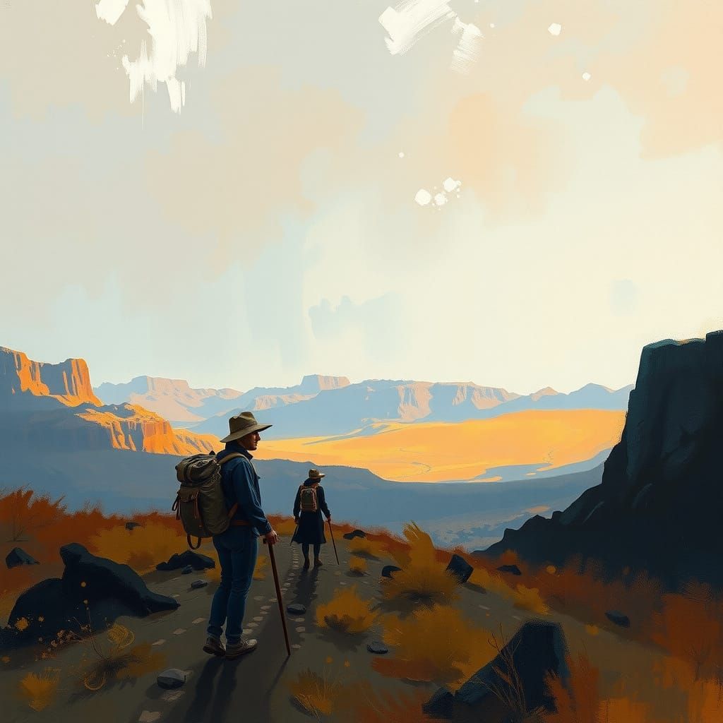 Travelers in a Gouache Style Impressionist Landscape