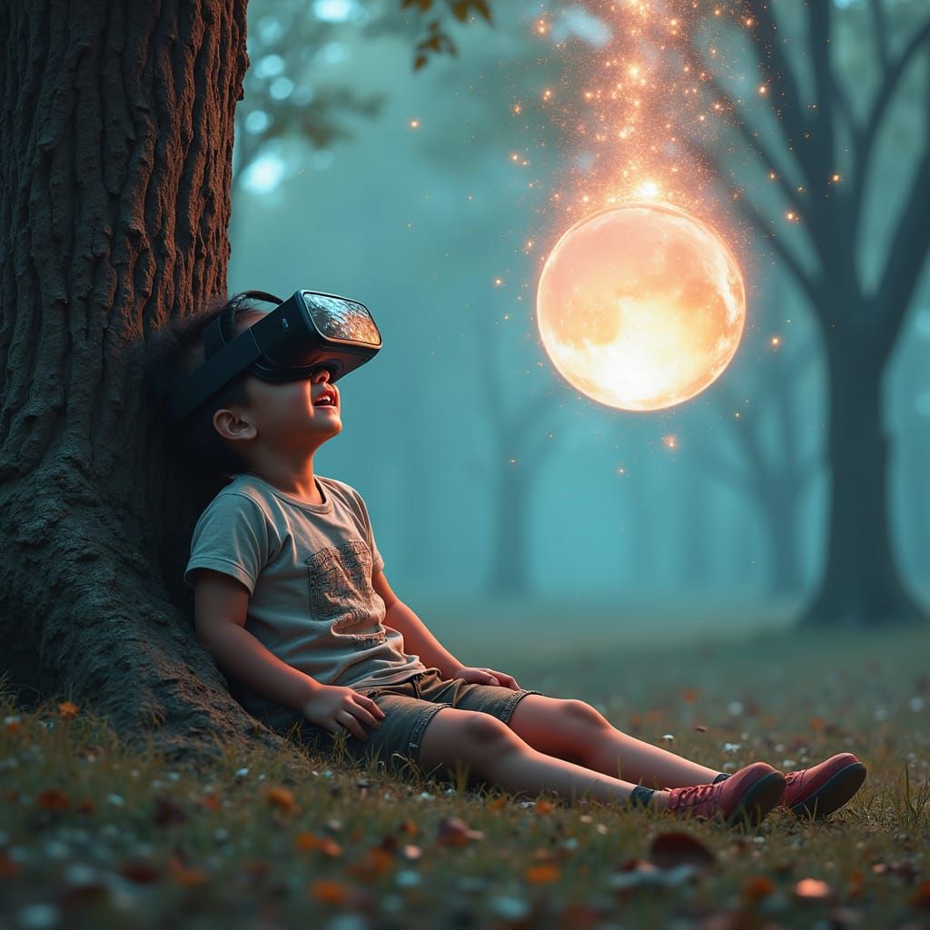 Child Gazes at Giant Glowing VR Headset Portal