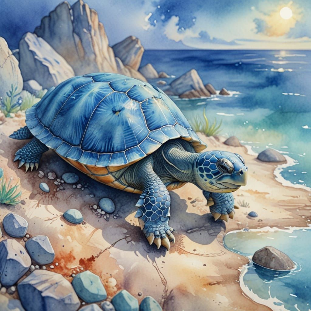 Whimsical Watercolor Turtle on Rocky Ground