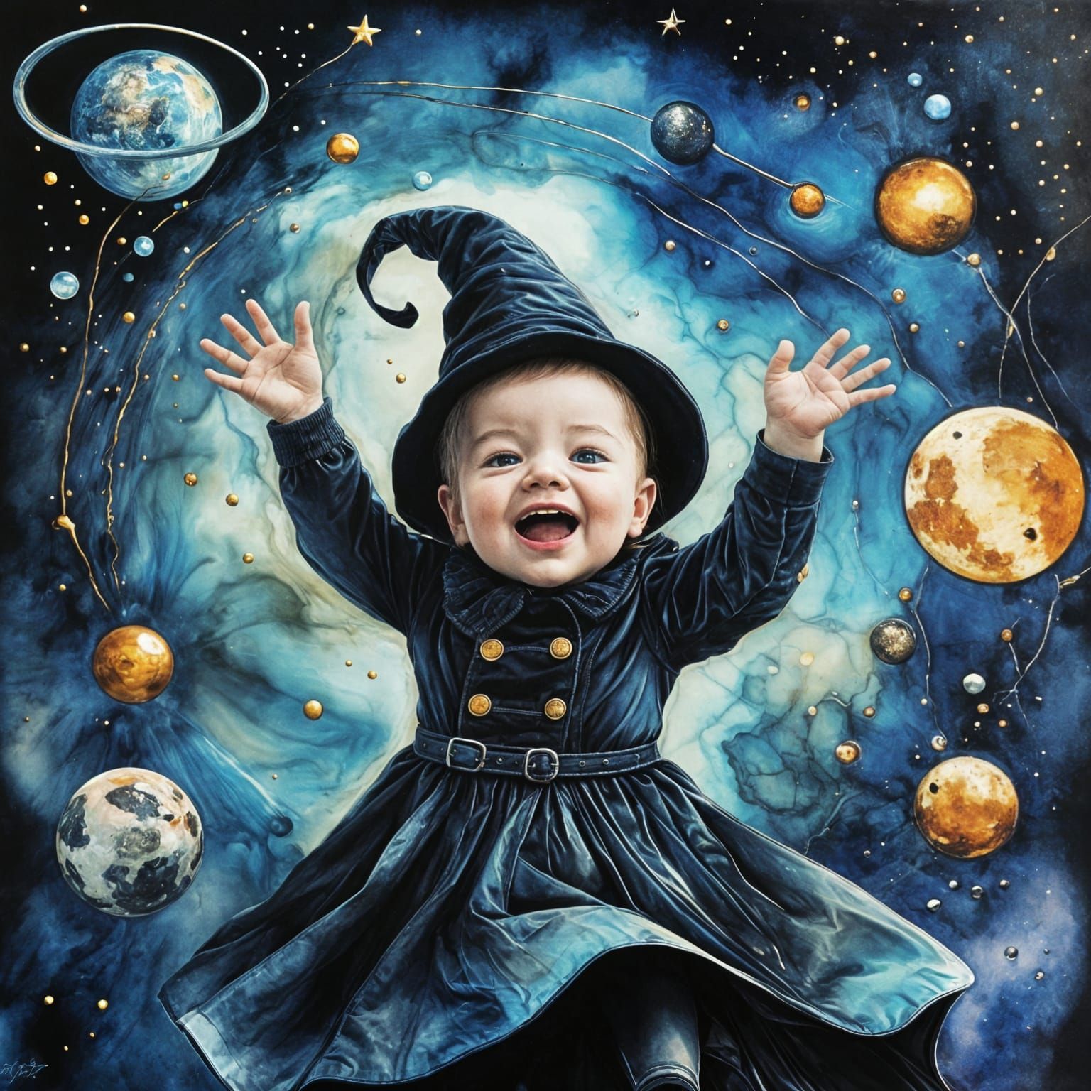 Baby Witch Juggling Celestial Spheres in Space
