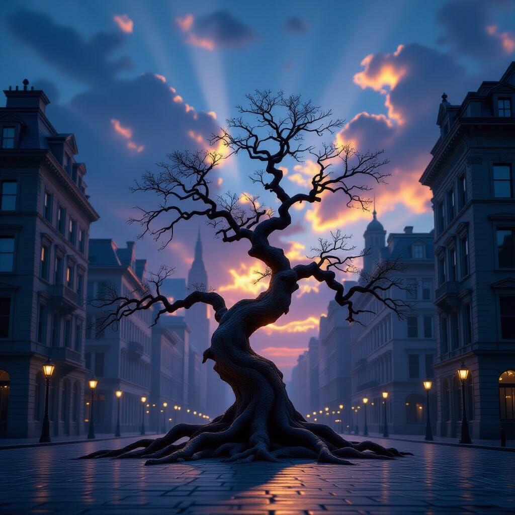 Ancient Tree Amidst Cityscape at Twilight