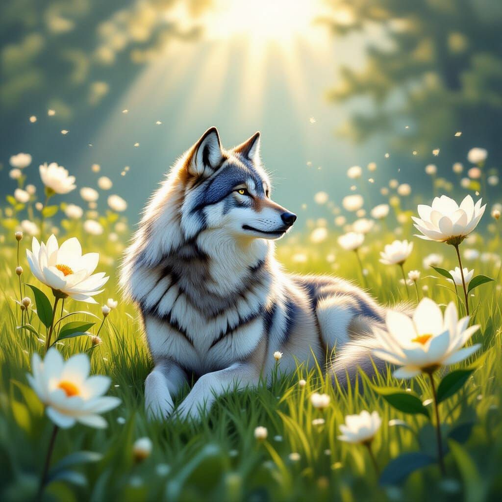 Majestic Wolf in Bioluminescent Meadow: Surreal Matte Painti...