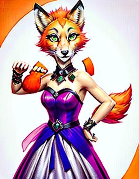 <lora:Furry:1.0> A CGI animated anthropomorphic fox Diane Foxington with green emerald eyes in a prom pink gown without ...