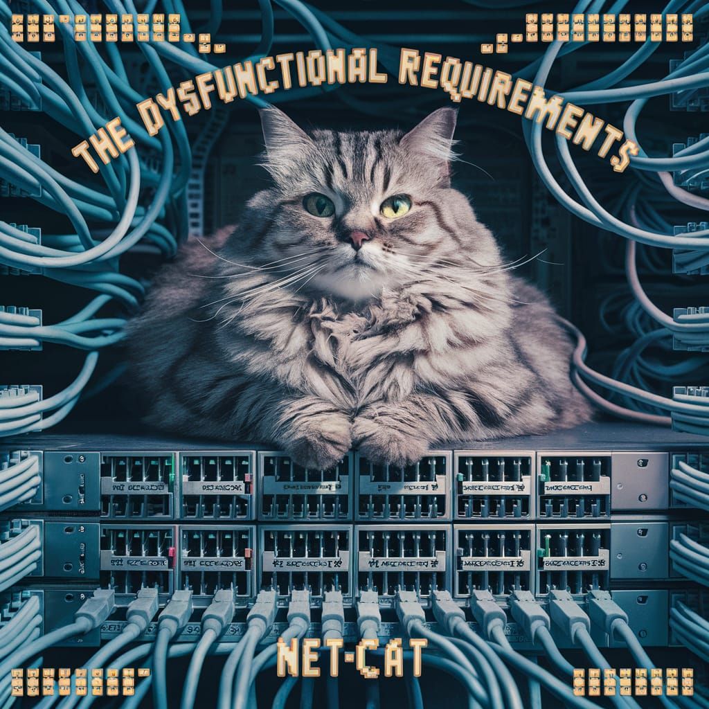 Album Cover: Cat on Network Switch in Pixelated Font