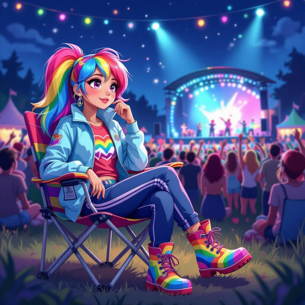 Rainbow Haired Girl at Music Festival in Neon Style