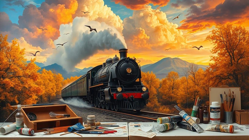 Dramatic Autumn Steam Train Emerge from Art Studio Clutter i...
