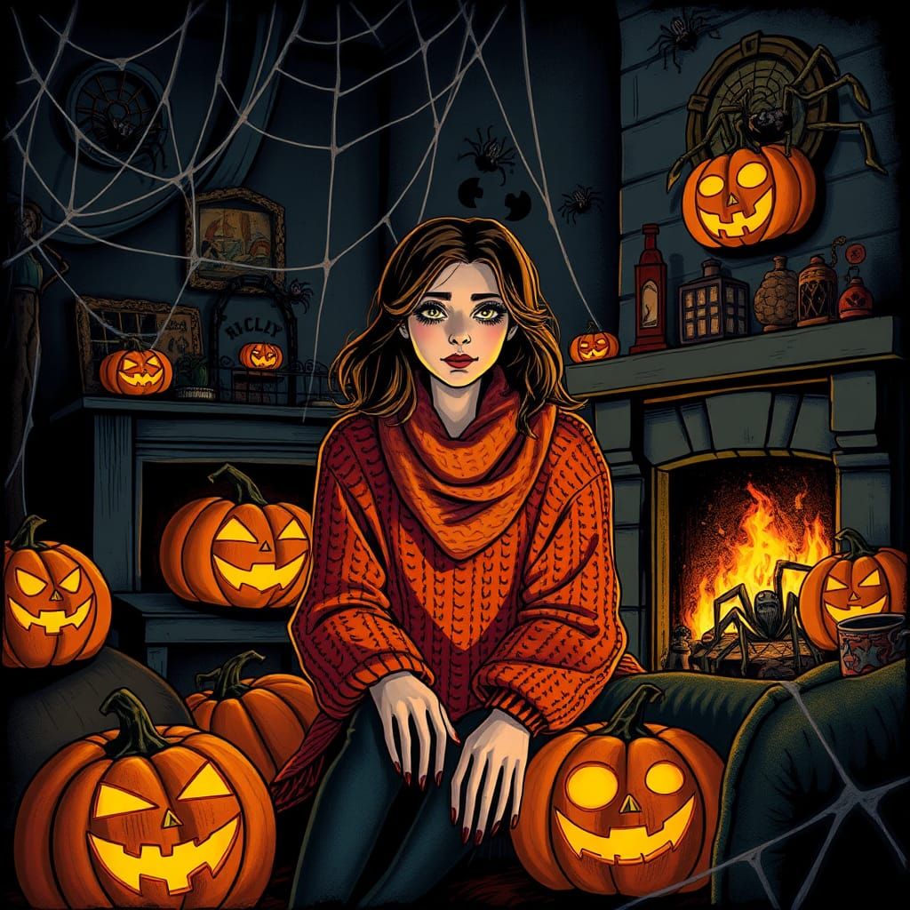 Eerie Halloween Scene in Gothic Whimsical Style