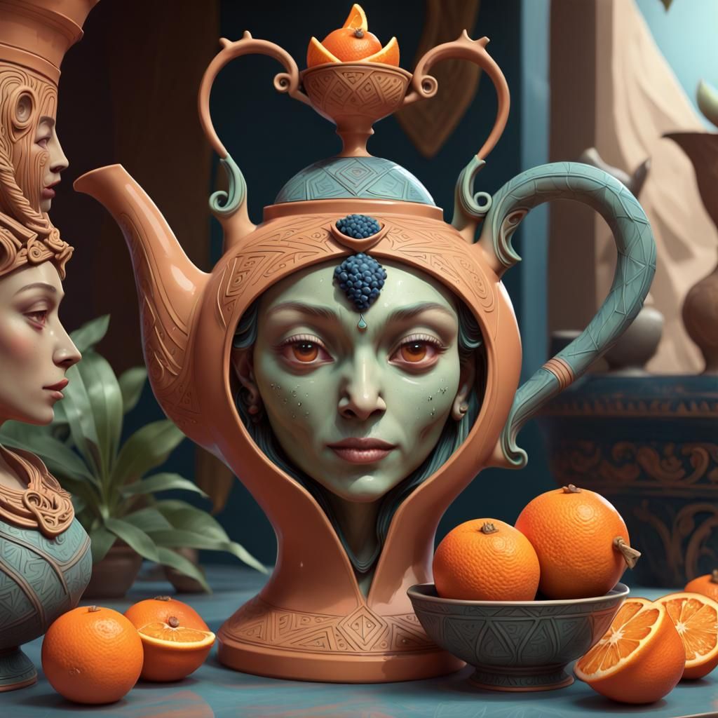 Whimsical Alien Teapot with Egyptian Sculpture, Hyperdetaile...