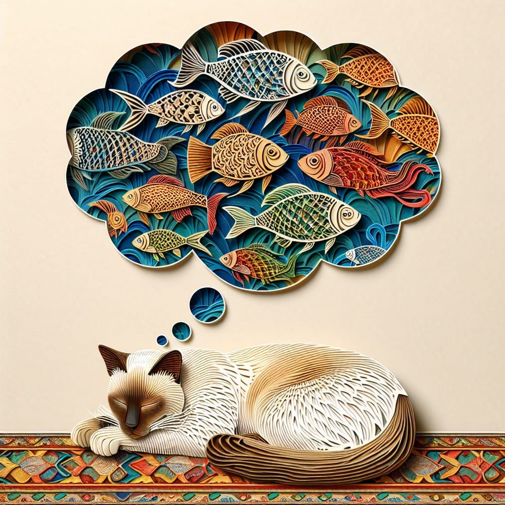 Dreaming Siamese Cat and Colorful Fish Paper Cuts