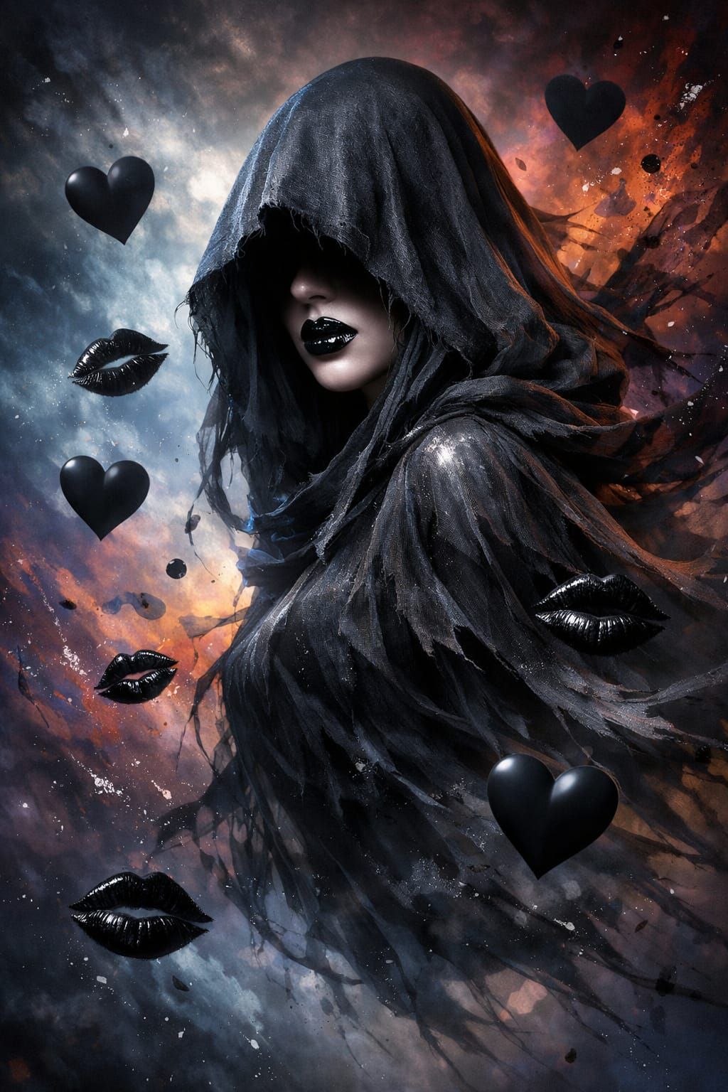 Ghostly Dementor Girl with Black Lips and Hearts