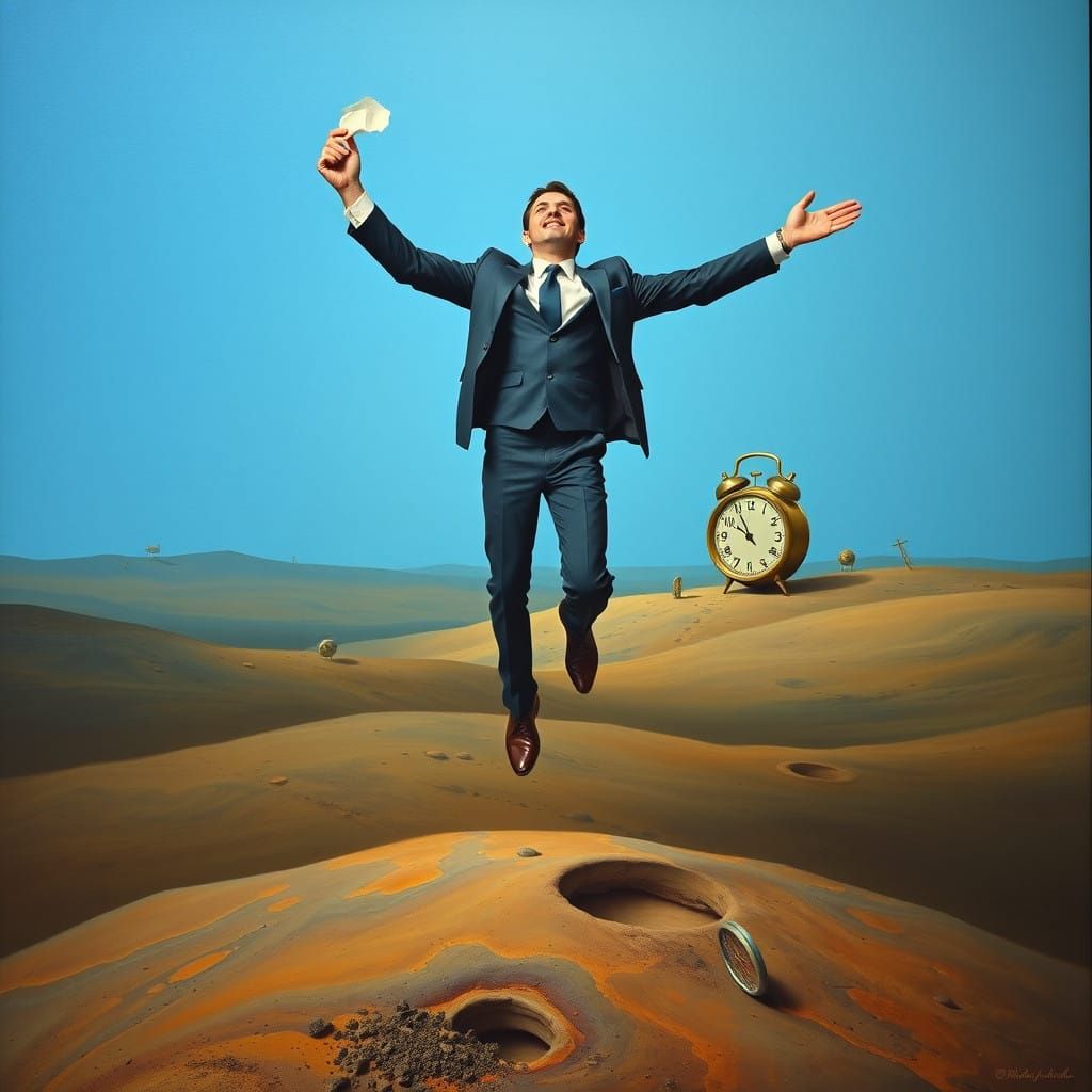 Man Embracing Freedom, Surrounded by Dreamlike Surrealism