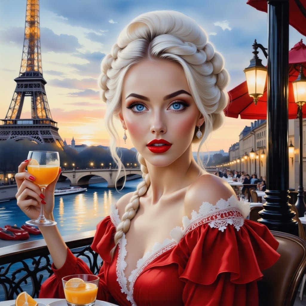 Woman on Paris Terrace with Eiffel Tower View