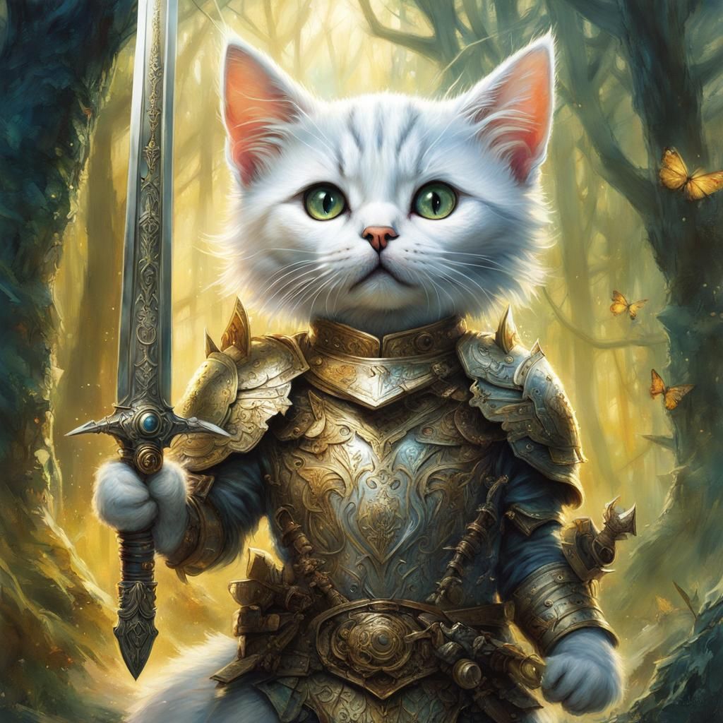 Warrior Cat in Enchanted Forest, Digital Art