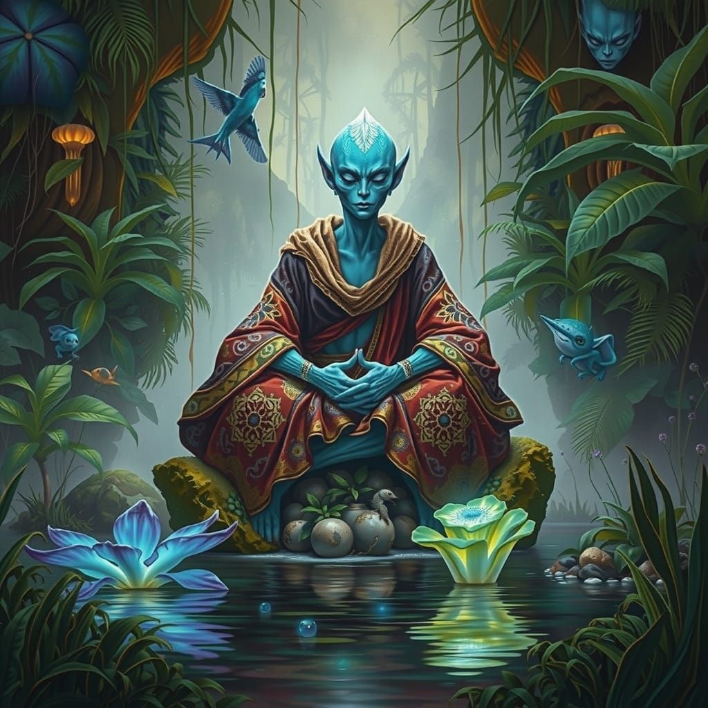 Bioluminescent Alien Meditating in Primeval Jungle Grotto