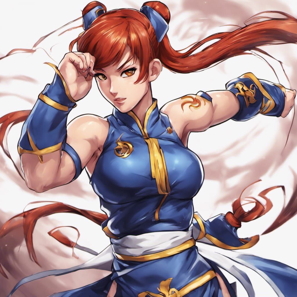 Red-Haired Girl Cosplaying as Chun Li in Anime Style